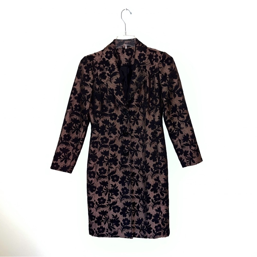 Jacquard Floral Jacket Duster Midi Length Lined Black Brown Gold Weave